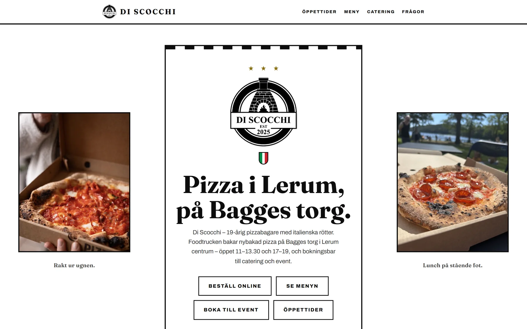 Startsidan på discocchi.se: meny, öppettider och beställning