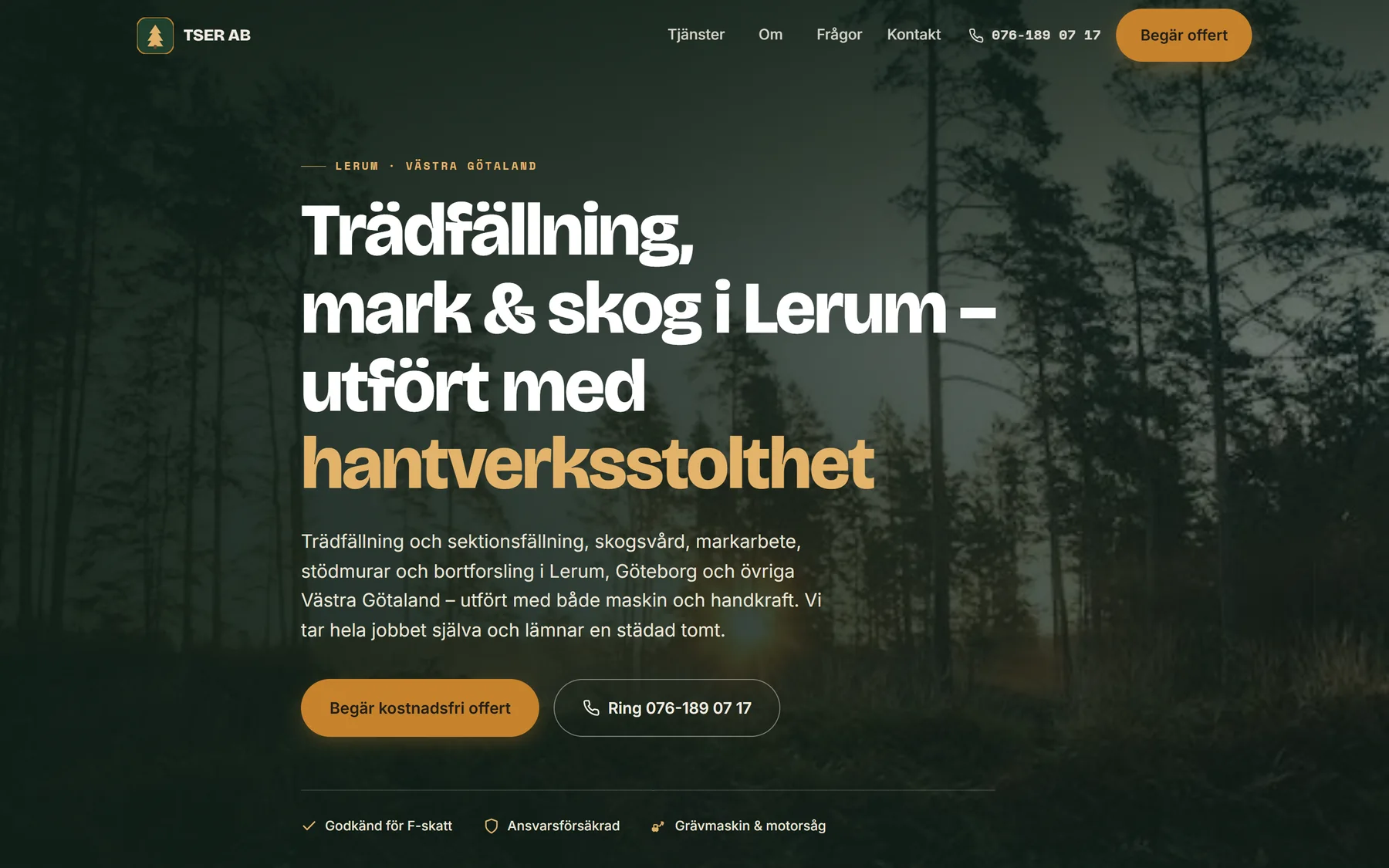 Startsidan på tserab.se: tjänster, referenser och offertförfrågan
